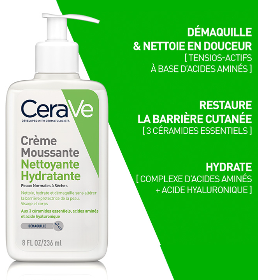 CERAVE CREME Moussante | Nettoyant Visage 236ML	CREME NETTOYANTE / PEAU SECHE