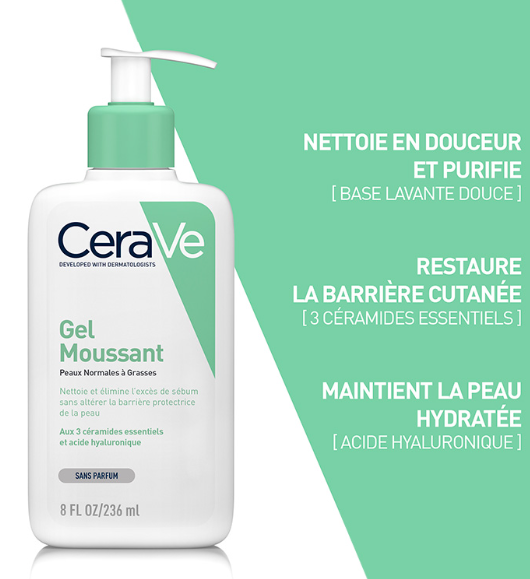 CERAVE Gel Moussant | Nettoyant Visage 236ML	GEL NETTOAYANT / PEAU NORMAL A  GRASSES